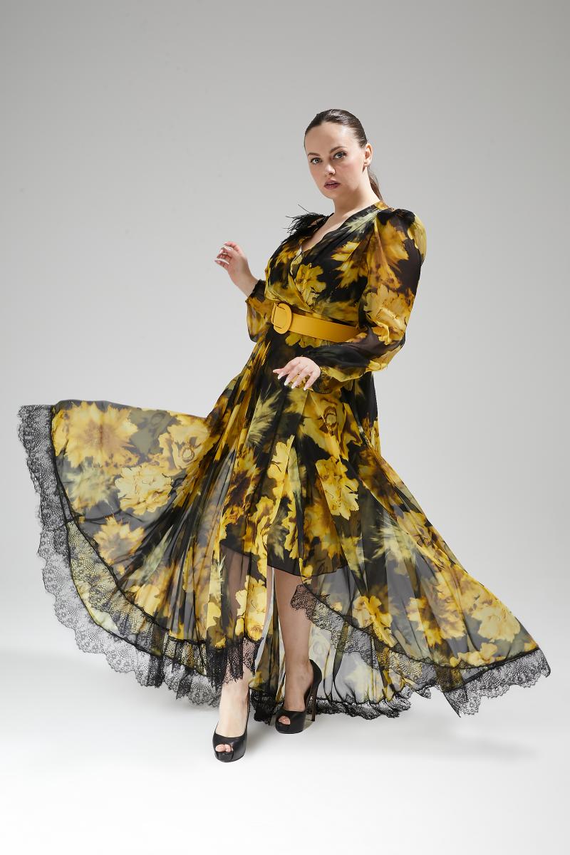 שמלת מקסי שיפון משי הדפס צהוב פלאס