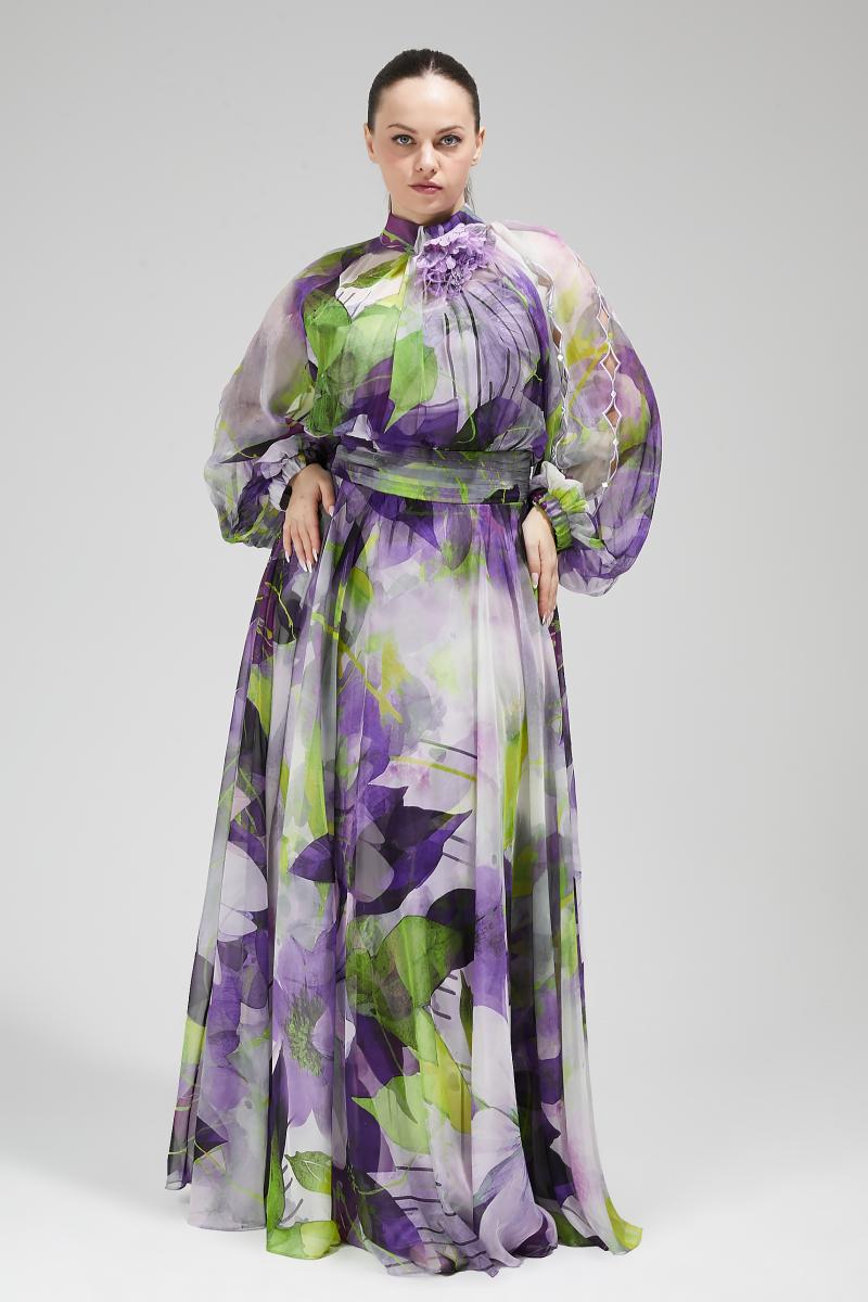 שמלת מקסי שיפון משי פרחים ירוק סגול פלאס
