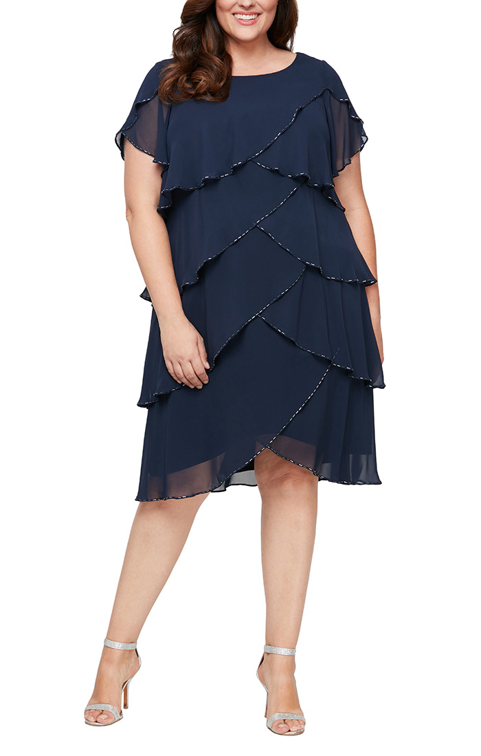 שמלת קומות א-סימטרית שיפון וחרוזים נייבי- פלאס