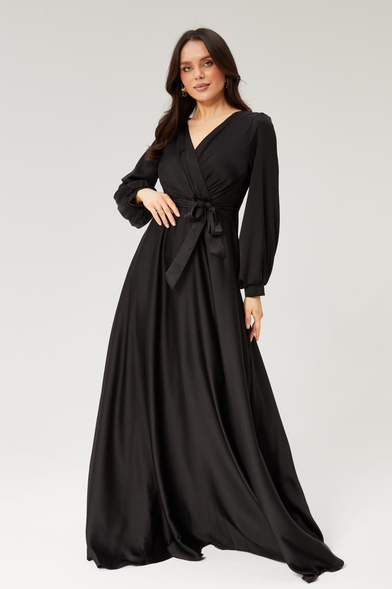 שמלת מקסי סאטן מעטפת - שחור
