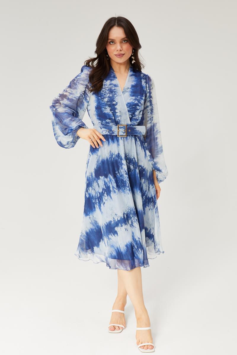 שמלת קוקטייל שיפון הדפס טיי דיי  - כחול