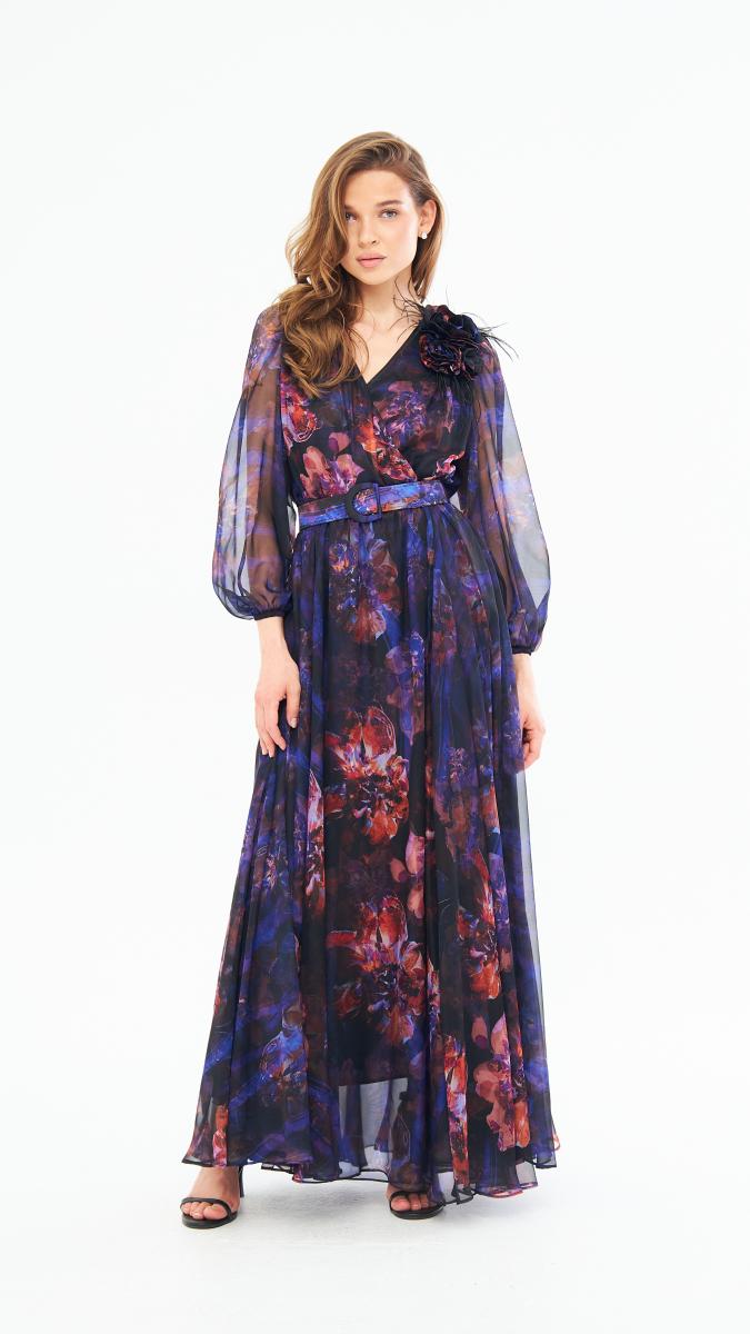 שמלת מקסי שיפון משי מודפס ופרח דש- כחול